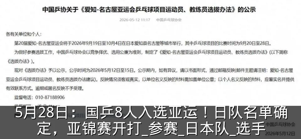 5月28日：国乒8人入选亚运！日队名单确定，亚锦赛开打_参赛_日本队_选手